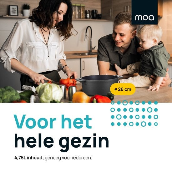 MOA Gusseisen-Kasserolle - Fassungsvermögen 4,75 Liter - 26CM - Rund - Alle Wärmequellen - Auch für Induktion - Gewicht 5,8 kg - Schwarz - MOAMC26B