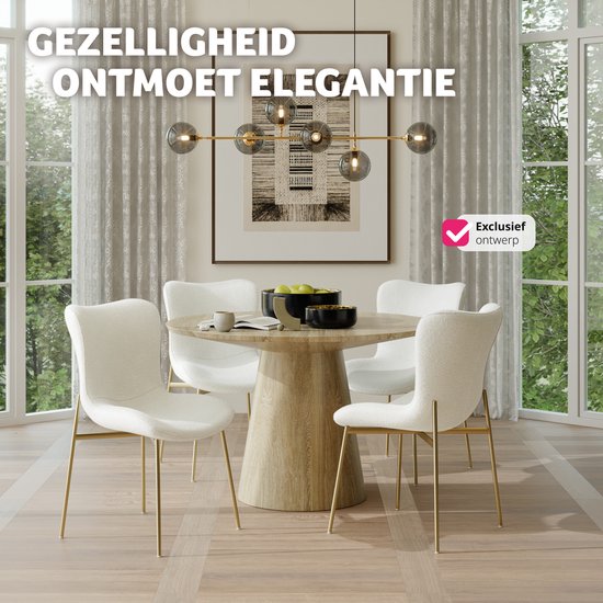 tectake - Polsterstuhl - Bouclé-Schalensitz für die Küche - Sessel für den Frisiertisch - Eleganter Ess- oder Wohnzimmersessel - weiß/gold - Div. Farben