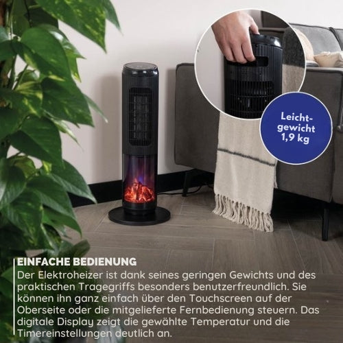 BREND - Keramischer Heizlüfter mit Thermostat und Ambientekamin - 18-45 °C - mit Schwenkfunktion - Timer - Schwarz