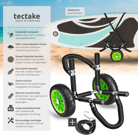 tectake® Faltbarer Transportwagen für Surfboard - Platz für 1 Board - Trolley für aufblasbares SUP Board - Trolley für aufblasbares Kanu oder Kajak - Buggy für Stand-up Paddle oder Surfboard