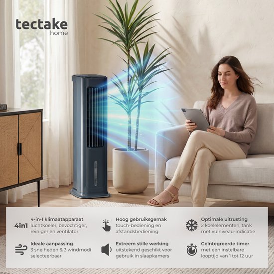 tectake® 4-in-1-Luftkühler Alaska – 5 l Wassertank – 3 Stufen – Luftkühler – Luftkühler mit Schwenkfunktion – Timer – Fernbedienung – Kühlelemente – Luftbefeuchter – Ventilator – Luftreiniger – Anthrazit