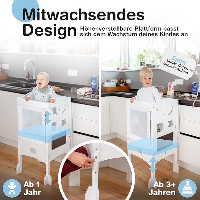 BabybeFun Lernturm ab 1 Jahr - Zusammenklappbarer Lernturm inkl. 360° Sicherheitsnetz - Extra stabiler und solider Lernturm - Lieferung vormontiert mit Kippschutz