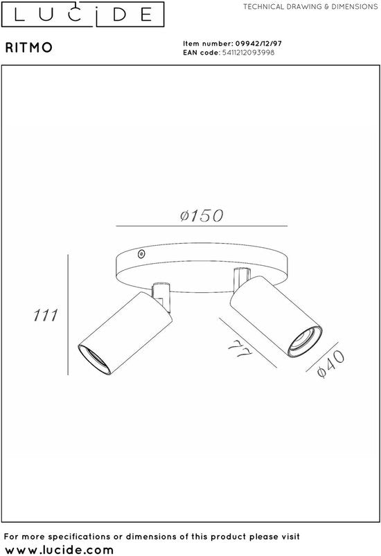Lucide RITMO – Deckenstrahler (Deckenleuchte) – Ø 15 cm – 2xGU10 (MR11) – Kaffee