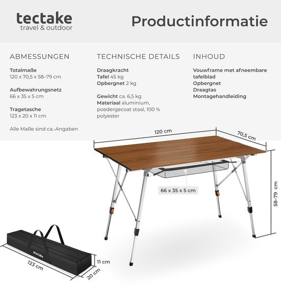tectake® Campingtisch – 120 x 70,5 x 58–79 cm - Klapptisch aus Aluminium - Aufrollbare XXL-Tischplatte - Klapptisch - Reisetisch - Gartentisch - Wetterfest - Höhenverstellbar - Tragetasche - Zusammenklappbar - Holzoptik