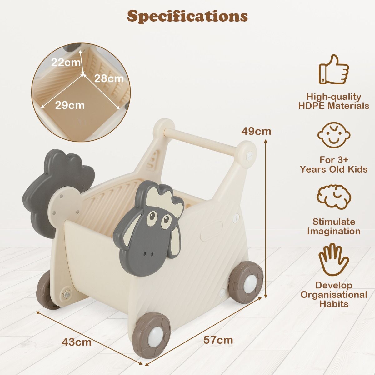 Coast Schaap Laufwagen für Kinder – 2-in-1-Aufbewahrungswagen und Lauflernhilfe – 18 Liter – Beige und Grau