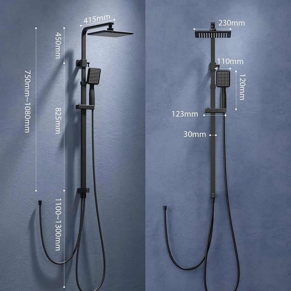 Homelody Regendusche-Set ohne Thermostat – quadratische Kopfbrause 20 x 20 cm – verstellbare Duschstange 73–115 cm – schwarz