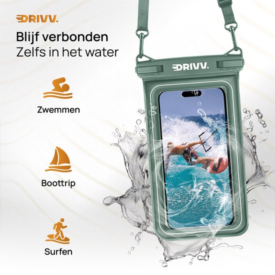 Drivv. Wasserdichte Luxus-Telefonhülle - schwimmend - Doppel-Clip-Verschluss - Telefone bis zu 6,8 Zoll - Unterwasser-Telefonhülle - Army Green