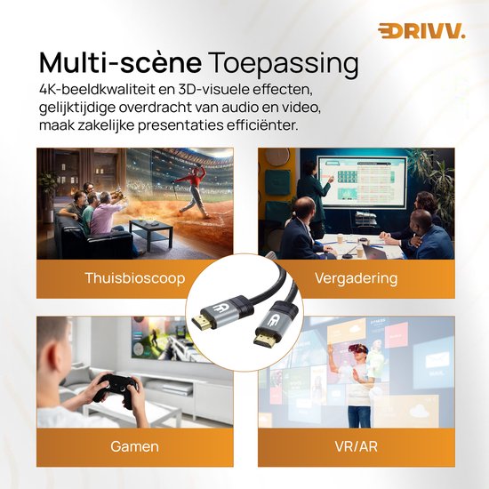 Drivv. Premium-HDMI-Kabel 2.0 – Ultra HD 4K 60 Hz – HDMI auf HDMI – Geeignet für Spielkonsolen – 10 Meter – PVC – Grau