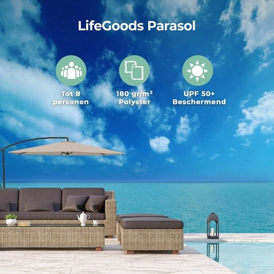 LifeGoods Schwimmender Sonnenschirm - bis zu 8 Personen - Ã˜300cm - Wasserdicht - mit Bezug und Kreuzfuß - Garten oder Strand - Taupe