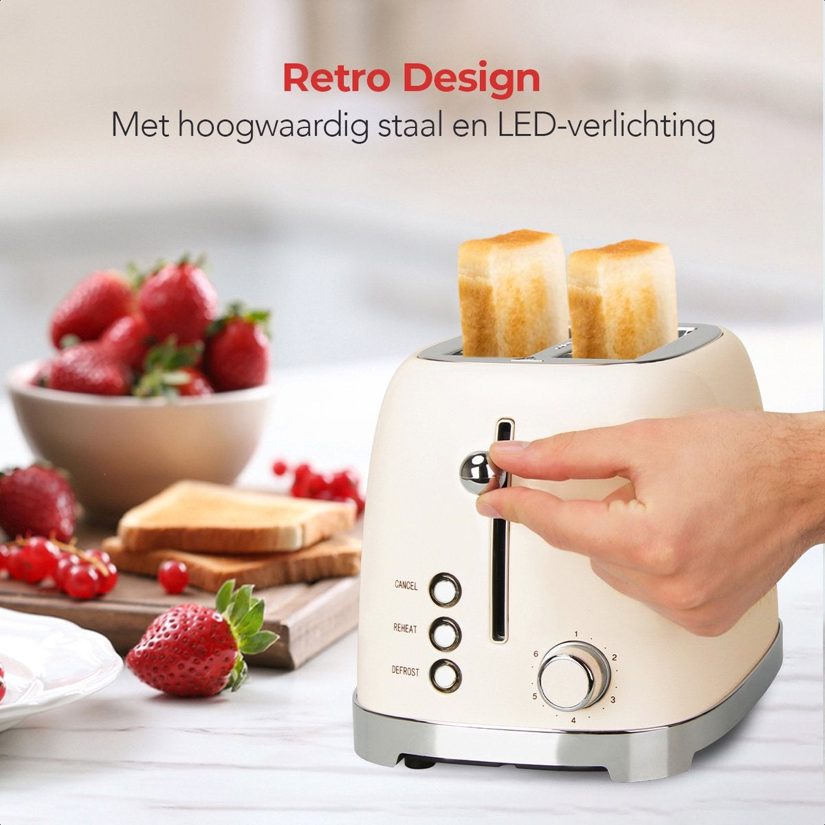 KitchenBrothers Retro-Toaster - 6 Heizstufen - 2 extra breite Schlitze - 1630W - Aufwärm- und Auftaufunktion - Beige