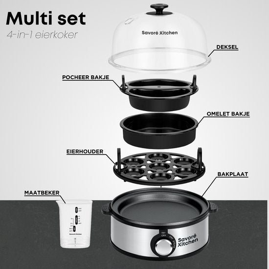 Savoré Kitchen 4-in-1 Eierkocher 7 Eier - Antihaft-Bratplatte - Elektrisch - Eierkocher mit Zeitschaltuhr