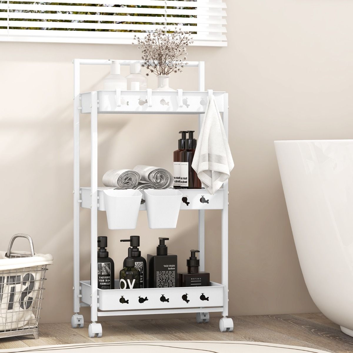 Coast Aufbewahrungswagen – 3 Ebenen – mit Haken und Bechern – weiß 42 x 29 x 83 cm