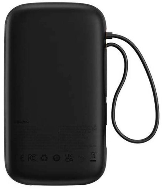 Baseus 10.000-mAh-Powerbank | Schnellladung mit 20 W über USB-C und USB-A | Reiseformat mit Display, schwarz | Universelle Powerbank, u. a. geeignet für Samsung und iPhone | Integriertes USB-C- und Lightning-Kabel