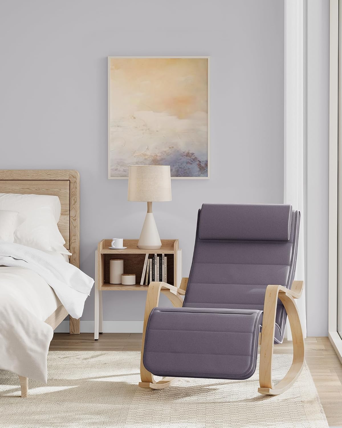 Songmics Schaukelstuhl – Birkenholz – 5-fach verstellbare Fußstütze – 121,5 x 67 x 84 cm – Grau/Beige