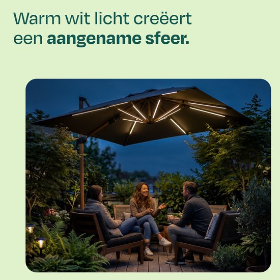 VONROC LED-Sonnenschirmbeleuchtung – 15 Lichtleisten – warmweiß – für VONROC-Schwebesonnenschirme der Modelle Bardolino und Pisogne oder mit Streben ab 69 cm – wiederaufladbarer 2600-mAh-Akku – (Sonnenschirm nicht im Lieferumfang enthalten)