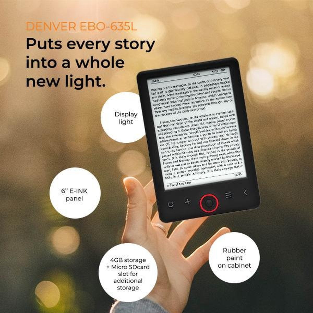 Denver E Reader 6 Zoll - E-Book-Reader 4GB - A Qualität Grande Carta - MicroSD-Eingang - EBO635L