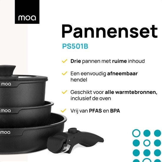 MOA Pfannenset - 5 Teile - Alle Wärmequellen - PFAS frei - Antihaftbeschichtung - Induktionspfannenset - Aluminium - Abnehmbarer Griff - Schwarz - PS501B