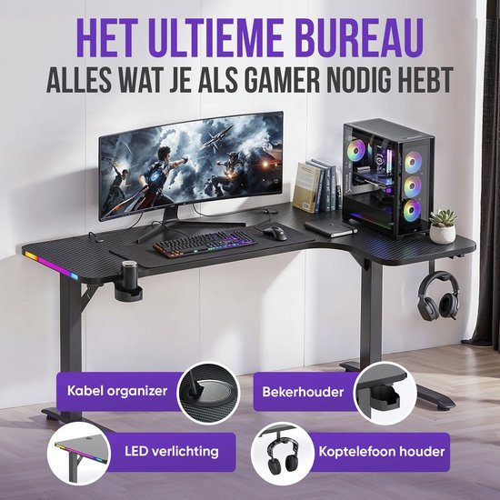 Avalo Gaming-Schreibtisch – 160 × 100 × 75 cm – L-förmiger Eckschreibtisch – Gaming-Schreibtisch mit LED-Beleuchtung – Tisch – Schwarz – Ecke rechts