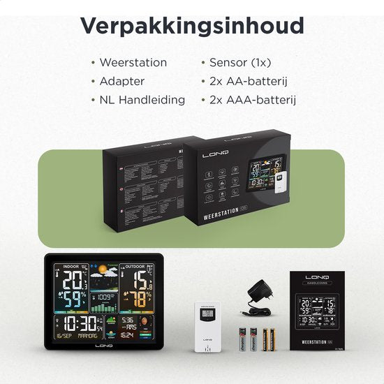 LONQ - Innen- und Außenwetterstation Q5 - Inkl. Batterien - Funkwetterstation mit Außensensor - Thermometer Hygrometer - Farbdisplay - DCF-gesteuerte Uhr - Schwarz