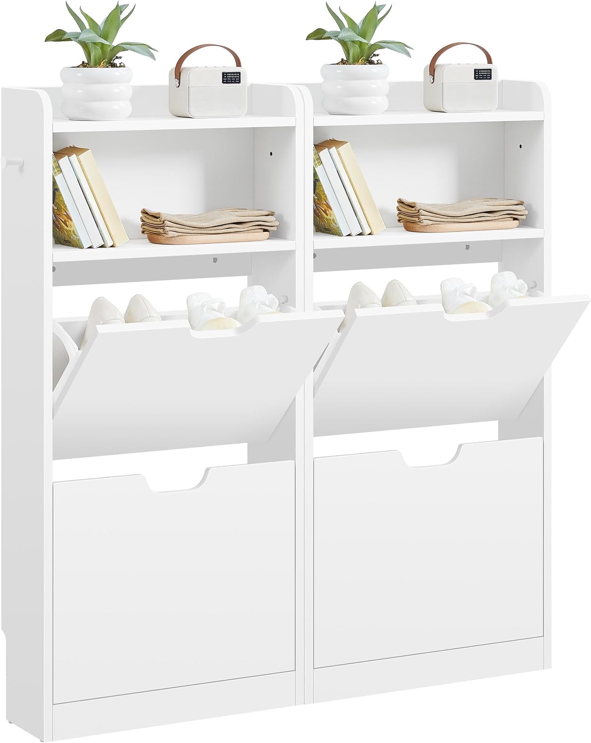 Yaheetech Schuhschrank mit 4 Klapptüren – Schmaler Schuhregal mit offenen Fächern – 100 x 17 x 108,5 cm – Weiß