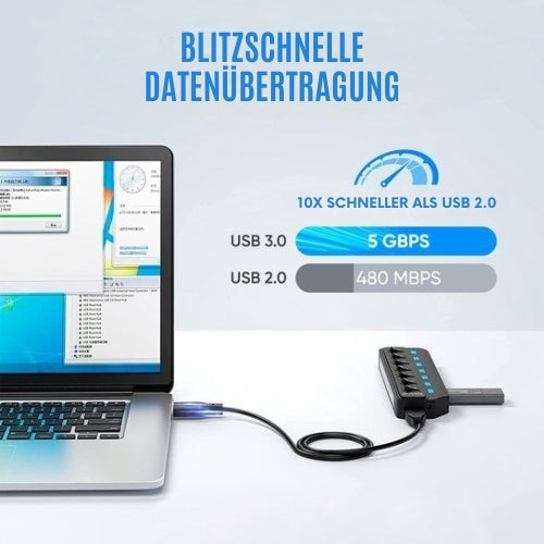 Strex - Mehrfachstecker - 7 Anschlüsse - USB 3.0 Hub - 10m - Schwarz