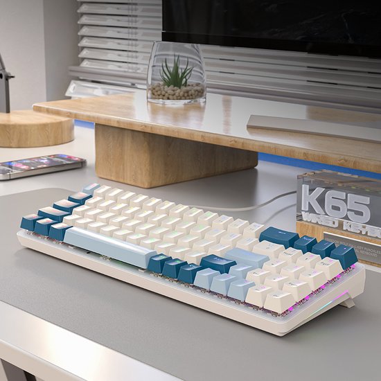 FREEWOLF K65 Mechanische Gaming-Tastatur - seitliche RGB-Beleuchtung - 78 Tasten - Mini-NumPad - roter Schalter - Blueberry