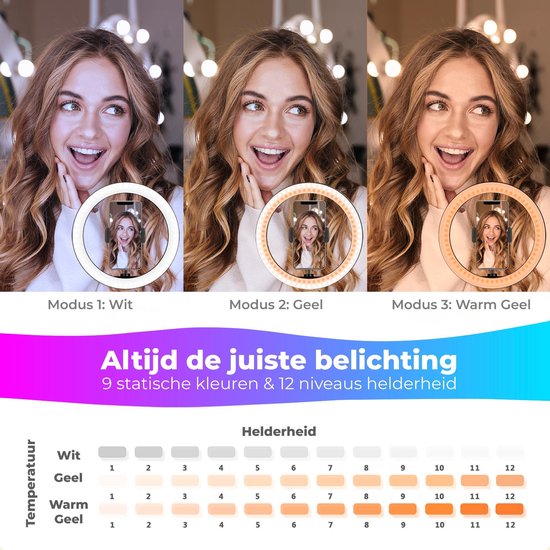 Studio ME Mehrfarbige Ringlampe mit Stativ - 10 Zoll/25 cm - RGB-Lampe - Ringlicht mit Stativ - Bluetooth - Telefonhalterung - Fernbedienung - USB - TikTok Lampe - Ringlicht