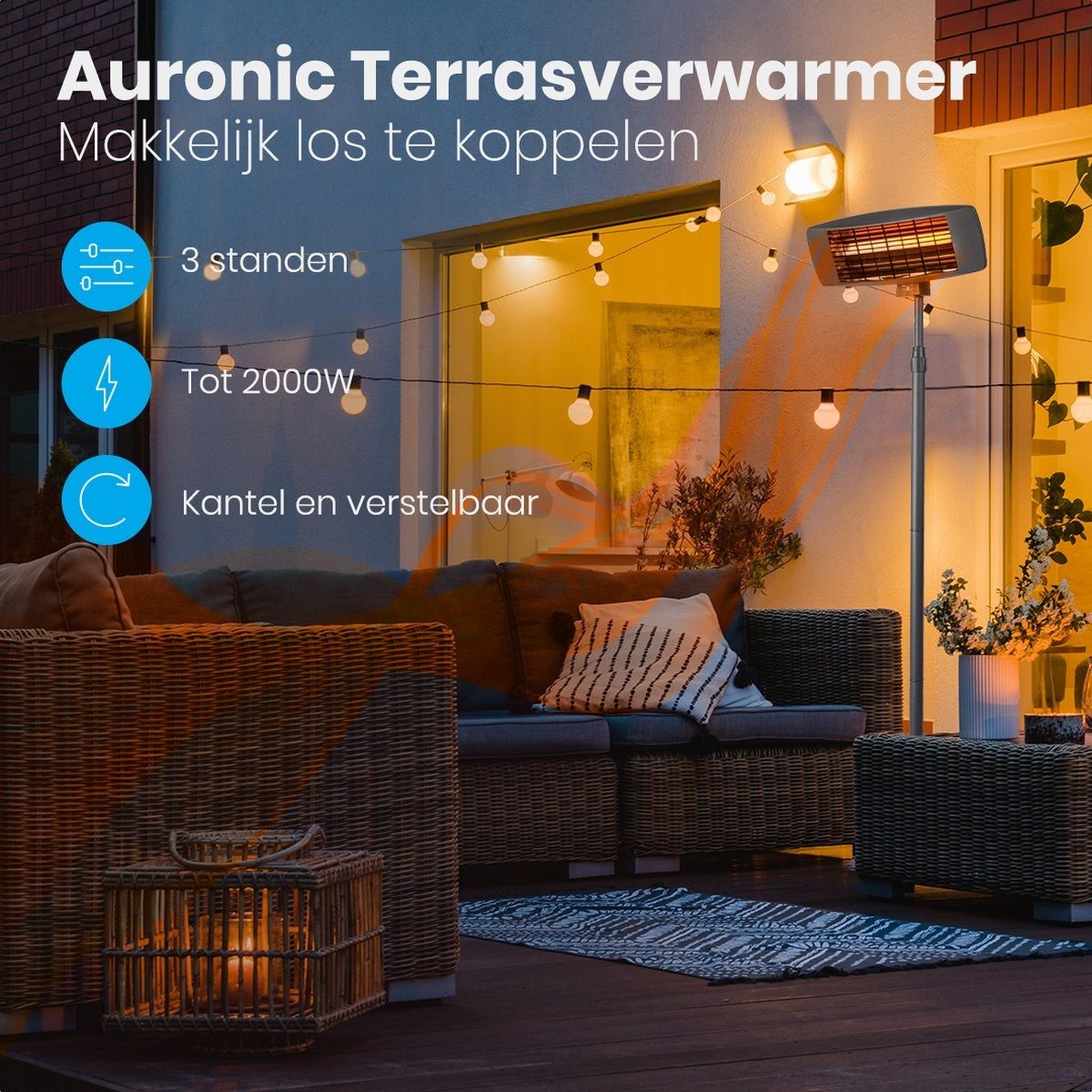 Auronic Terrassenheizer - 2000W - Hängeleuchte und Standfuß - Inkl. Fernbedienung - 3 Stufen - Schwarz
