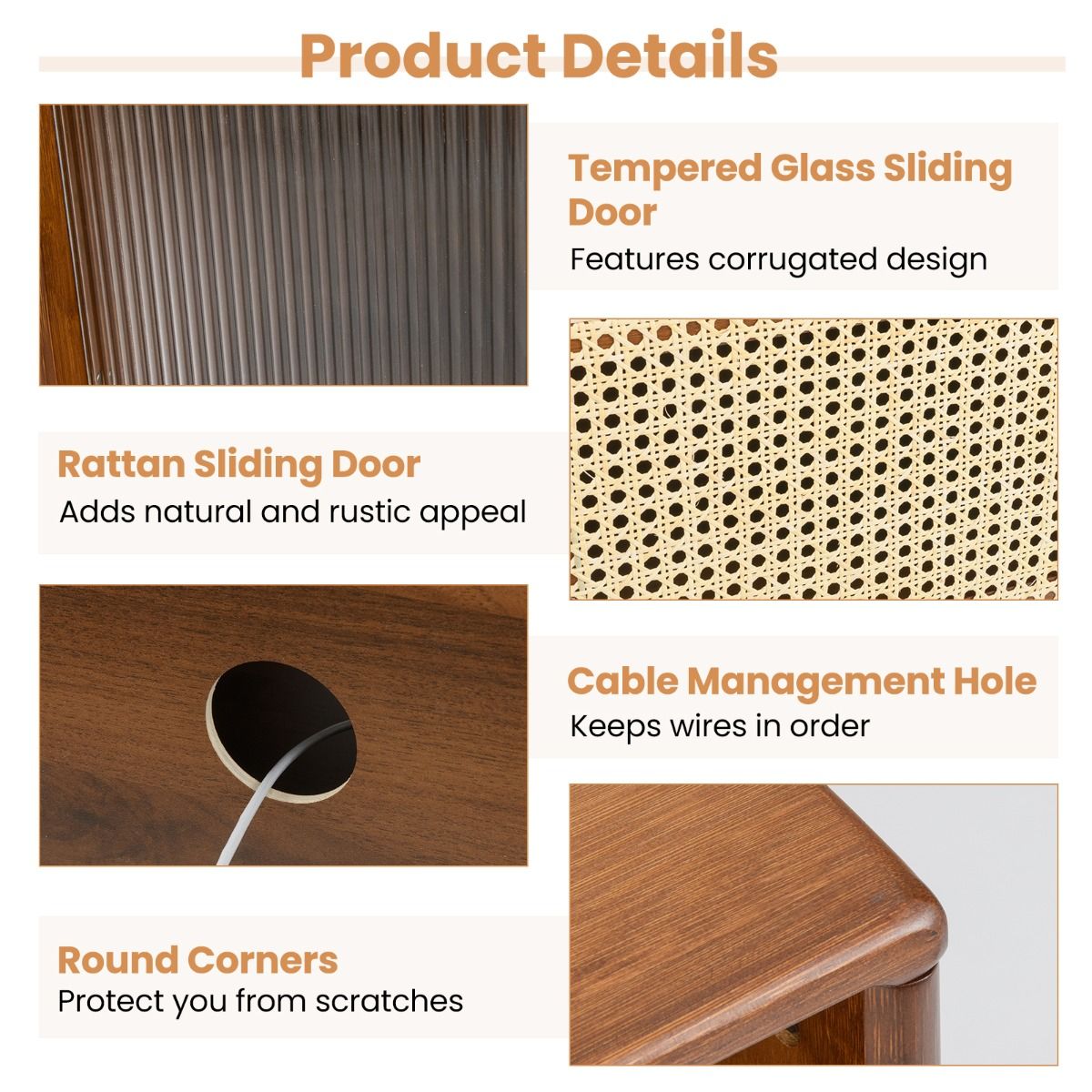 Coast TV-Möbel – Bambus mit Schilf und Glasschiebetür – verstellbares Regal – braun – 120,5 x 31 x 45,5 cm