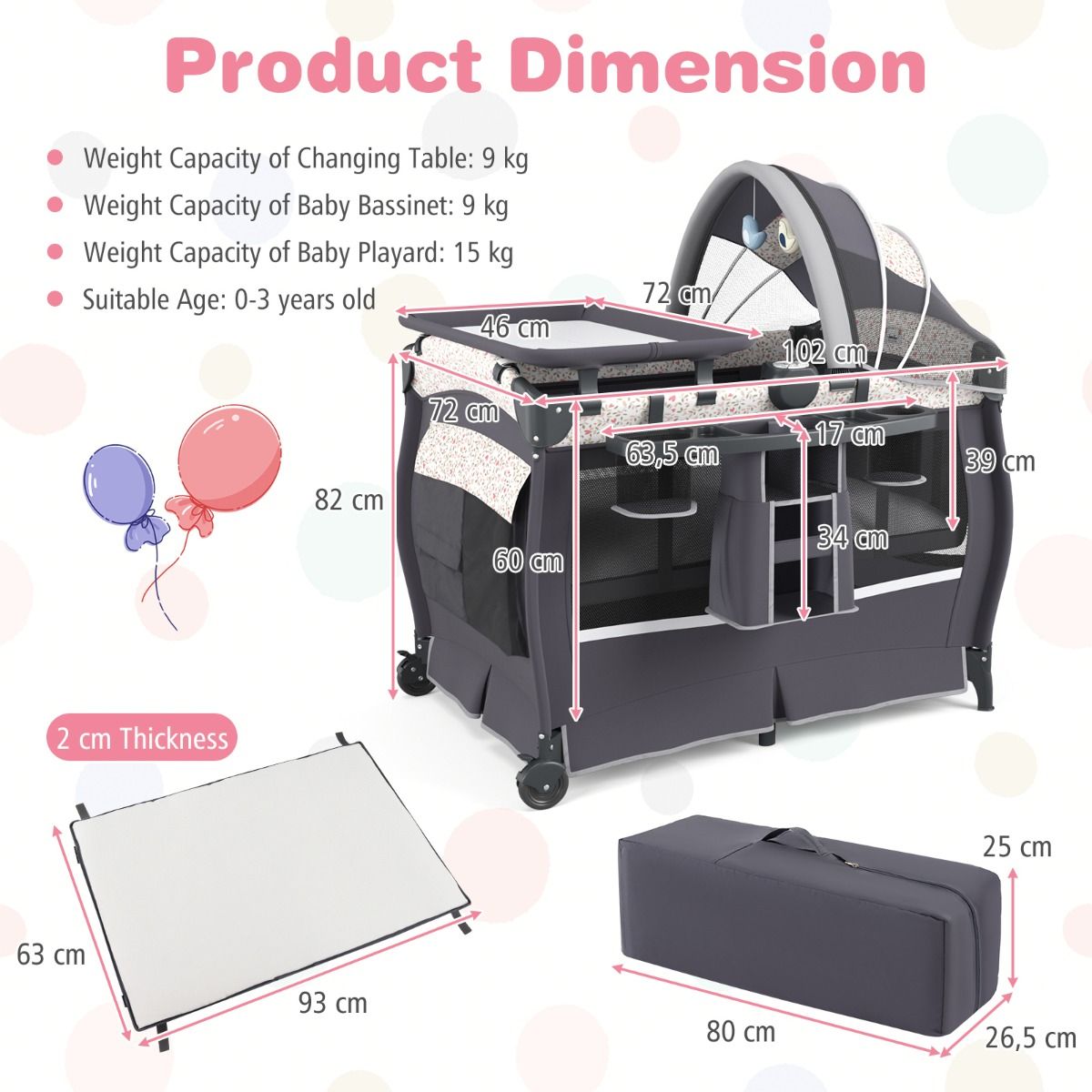 Coast 4-in-1 tragbares Babybett – mit Wickeltisch und Spieluhr – verstellbares Verdeck – grau 102 x 72 x 82 cm