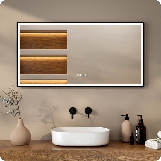Mirlux Badezimmerspiegel mit LED-Beleuchtung und Heizung – Wandspiegel, rechteckig – beschlagfreier Duschspiegel – 120 x 60 cm – schwarzer Rahmen
