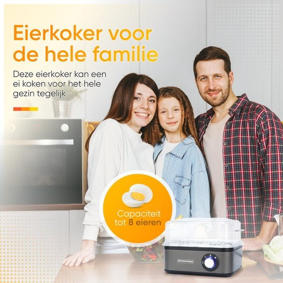 KitchenApp Eierkocher elektrisch - Geeignet für 8 Eier - Mit Zeitschaltuhr - Inklusive Messbecher - Silbergrau