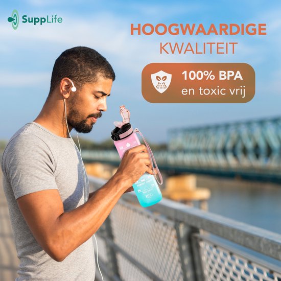 Supplife Trinkflasche – 1 Liter – mit Strohhalm – Motivation – Sporttrinkflasche – BPA-frei – Pink Aqua