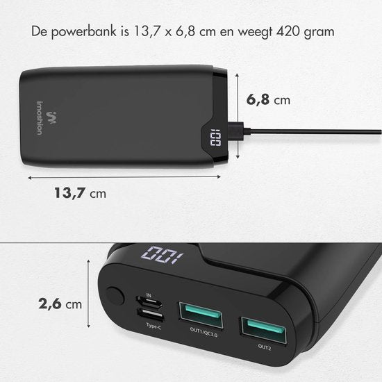 imoshion - Powerbank 20000 mAh - Schnellladegerät - 22,5W - USB-C & USB-A - geeignet für iOS/Android - Schwarz