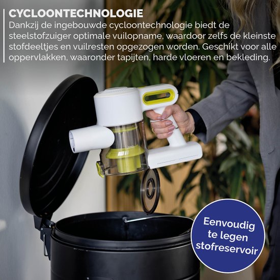 BREND BR-2214 Kabelloser Handstaubsauger mit LED-Beleuchtung - Dreifachfilter nimmt 99,5% Feinstaub auf - Weiß/Grün