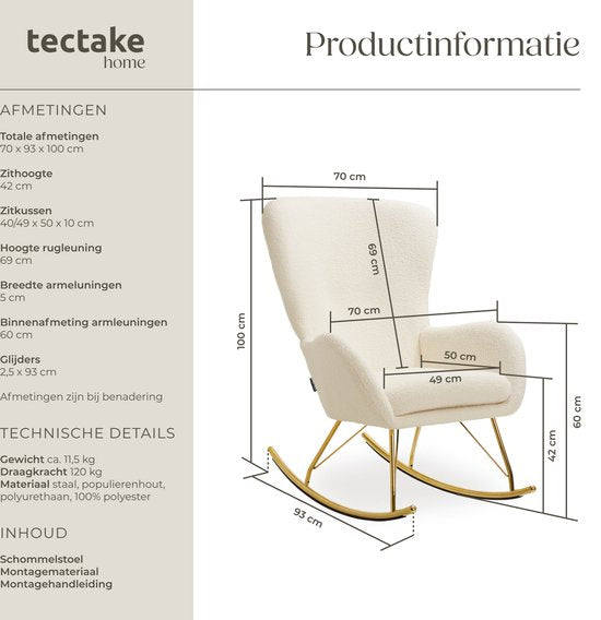 tectake® Swing Schaukelstuhl - gepolsterter Bouclé-Sessel mit Stahlgleitern und extra dickem Sitzkissen - skandinavisches Design, pflegeleicht und ergonomisch - creme/gold