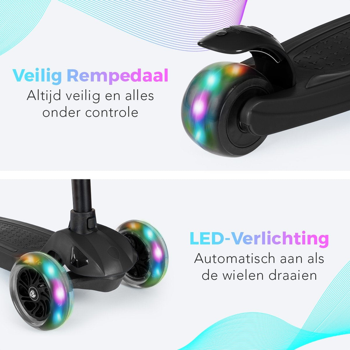 LifeGoods TurboRide Kids' Scooter - Stufe 5-8 Jahre - 3 leuchtende Räder - Jungen/Mädchen - Schwarz