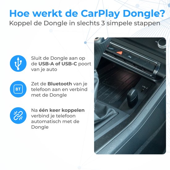 Nuvance CarPlay-Dongle – Kompatibel mit Android Auto und CarPlay – 2-in-1 – Bluetooth-Dongle – CarPlay kabellos – USB und USB-C