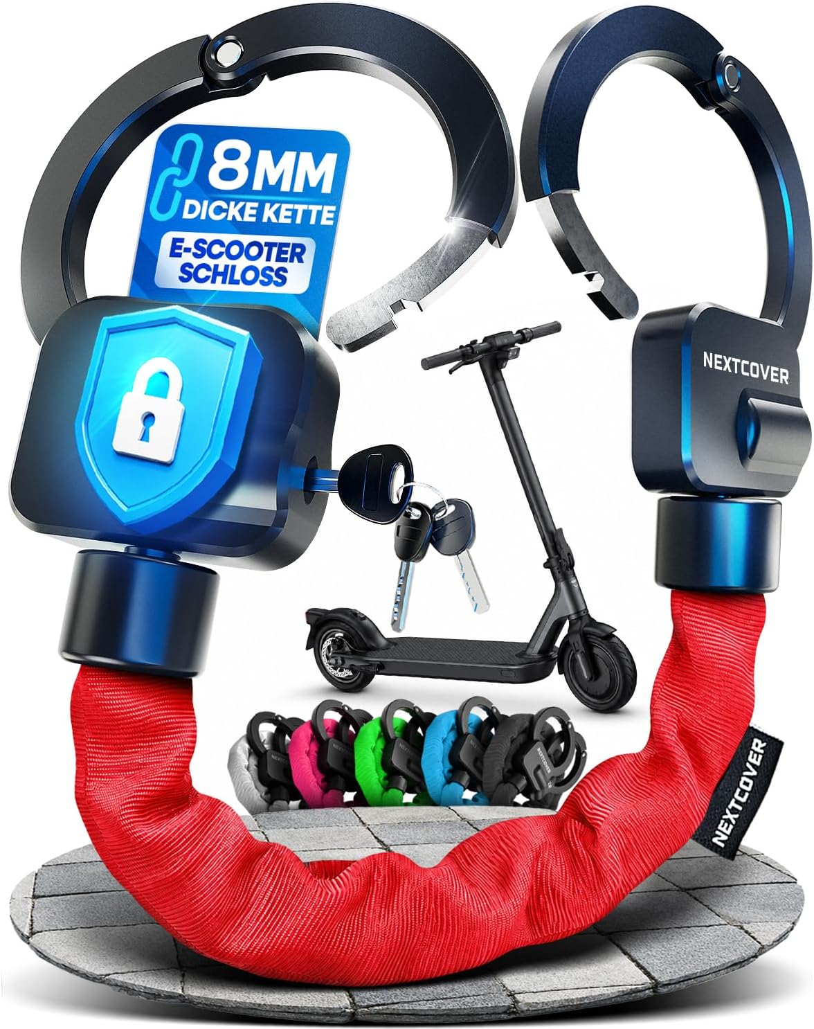 Nextcover E-Scooter-Schloss „Steel-Secure“ Kettenschloss – Rot – 25 x 13 x 13 cm – Schlüssel-Schloss für E-Bike und Roller