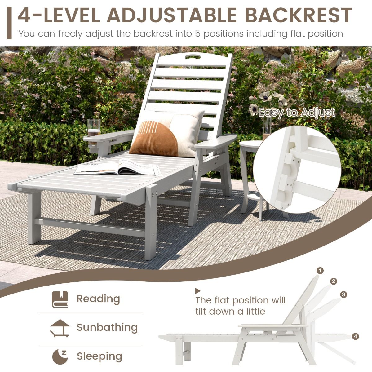 Coast Gartenliege – 4-fach verstellbare Rückenlehne – drehbarer Getränkehalter – weiß