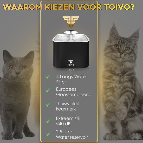 Toivo Trinkbrunnen Katze - Hund/Katze - 2,5 Liter- Inkl. 4 Filter und Reinigungswerkzeug - Wasserbrunnen Katze - Flüsterleise
