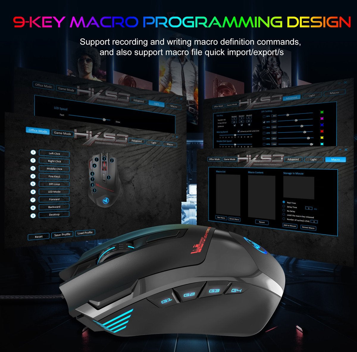 HXSJ S600 Pro Optische Gaming-Maus - Programmierbar - RGB-Licht - Ergonomisch - 7200DPI - Schwarz