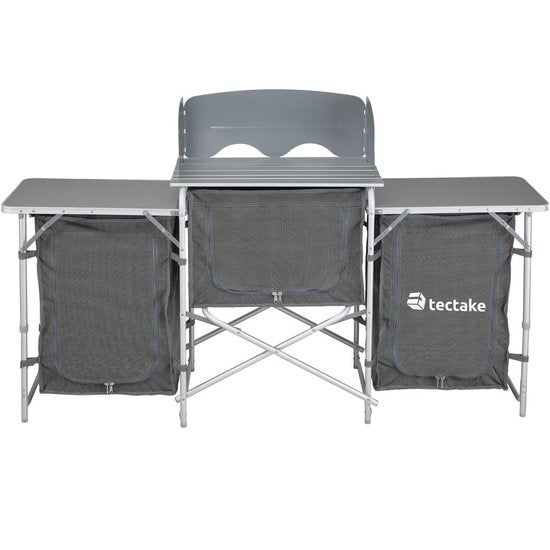 Tectake Campingküche - 172x52x104cm - Klappbar - Abschließbare Fächer - Inkl. Windschutz - Grau