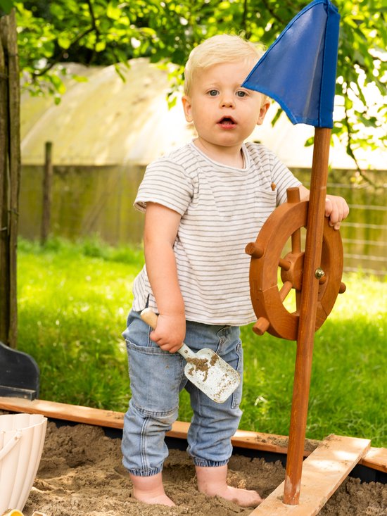 AXI Doris Boot Sandkasten mit Aufbewahrungsbank Anthrazit/Braun – Flagge und Holzsteuerrad – Inklusive Abdeckplane und Bodenplane – 10 Jahre Garantie!