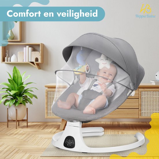 HeppieBabie Electric Rocker - Musik- und Schaukeloptionen - 5-Punkt-Gurt - Babyschaukel - Babyschaukel - Mit Ebook