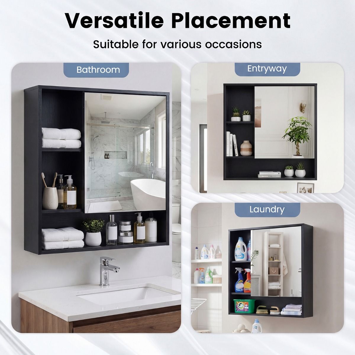 Coast Spiegelschrank Badezimmerschrank mit Spiegeltür – Schwarz – 56 x 16 x 61 cm