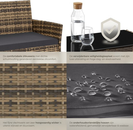 tectake® - Geflecht-Gartenset Palese - Sitzgruppe für 4 Personen - Gartenmöbelset mit Loungebank, Gartentisch und 2 Gartenstühlen inklusive Sitzkissen - Gartenmöbel - Wasserfest - Grau