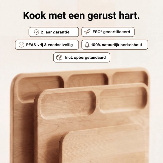 Safecourt Kitchen 3-teiliges Schneidebrett-Set aus Holz [100% frei von Mikroplastik] - inklusive Aufbewahrungsständer - FSC-zertifiziertes Birkenholz