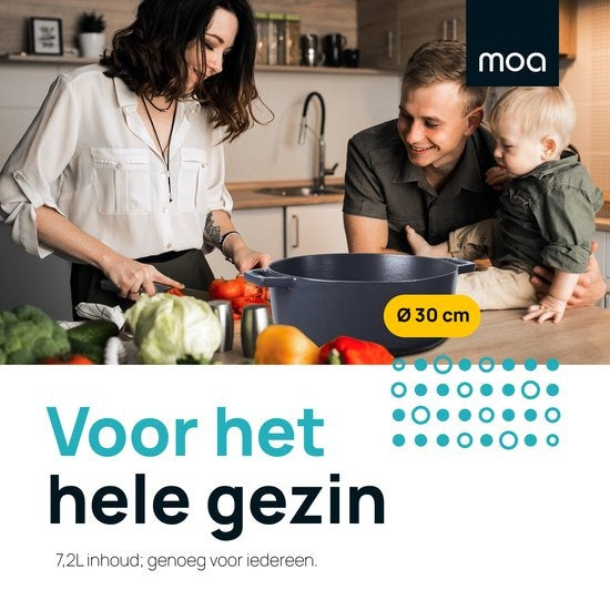MOA Gusseisen-Kasserolle - Fassungsvermögen 7,2 Liter - 30CM - Rund - Alle Wärmequellen - Auch für Induktion - Gewicht 7,3 kg - Schwarz - C30B