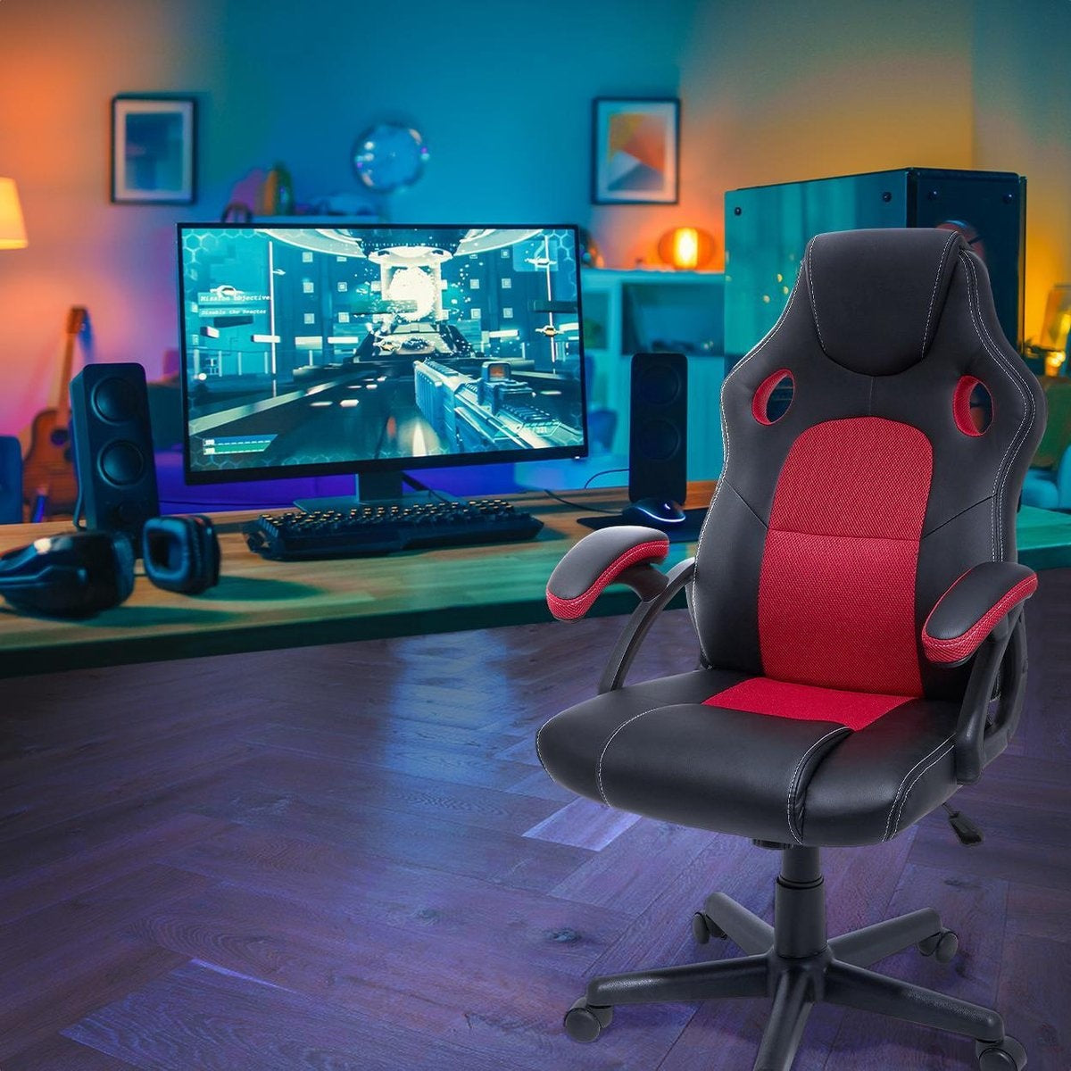 LifeGoods Gaming Stuhl - Verstellbar - Kunstleder - Rot/Schwarz